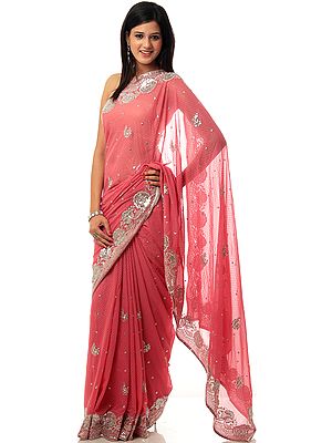 Rose Pink Sari with Crewel Embroidered Flowers and Mokaish Work All-Over