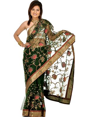 Green Wedding Sari with Crewel Embroidered Flowers