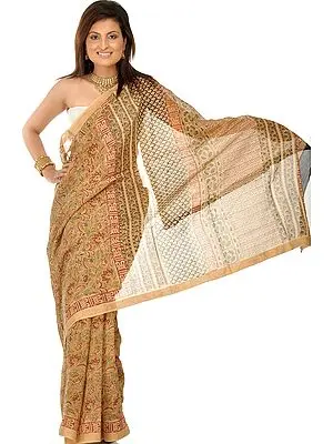 Fawn Block-Printed Kalamkari Sari