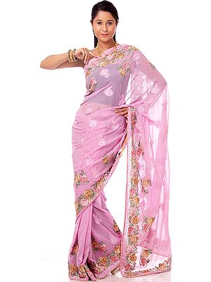 Orchid Sari with Parsi Embroidered Flowers All-Over
