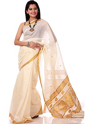 Ivory Kasavu Cotton Sari from Kerala with Golden Thread Weave