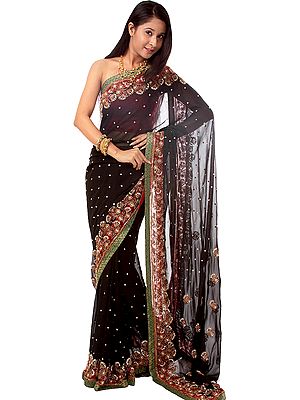 Black Wedding Sari with Heavy Floral Embroidery by Hand