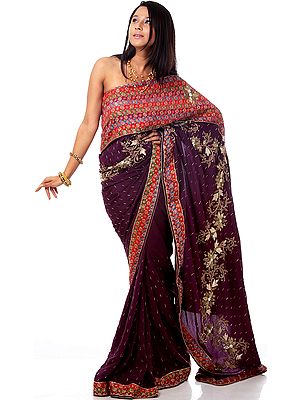 Plum-Perfect Wedding Sari with Floral Embroidery by Hand