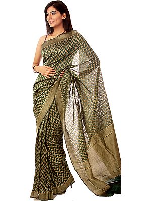 Green Banarasi Sari with All-Over Thread Weave
