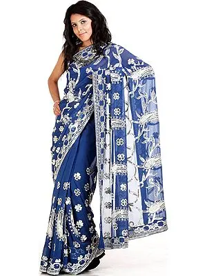 Bijou Blue Sari with Embroidered Paisley, Flowers and Sequins All-Over