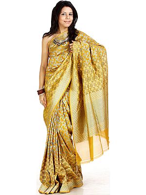Honey-Mustard Jamdani Sari Hand-Woven Banaras