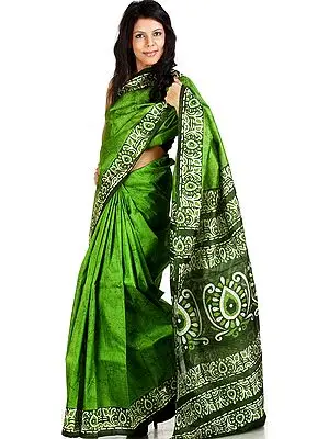Fluorite-Green Batik Silk Sari from Kolkata