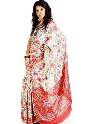 Ivory Floral Printed Suryani Sari from Mysore