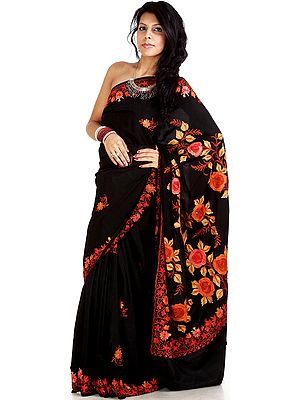 Black Kashmiri Sari with Aari Embroidered Flowers