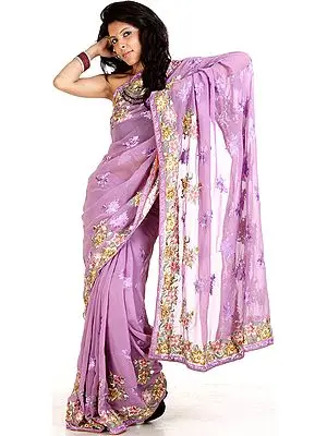 Lavendula Sari with Parsi Embroidered Flowers