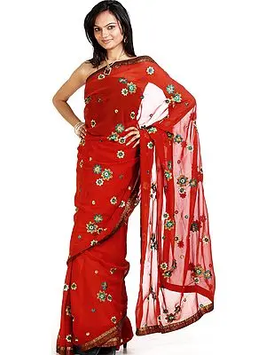 Maroon Sari with Embroidered Flowers and Beadwork