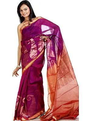 Purple and Deco-Rose Suryani Sari from Mysore with Large Woven Paisleys