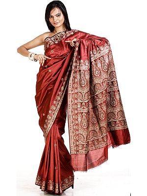 Burgundy Banarasi Sari with Beaded Bootis and Brocade Pallu
