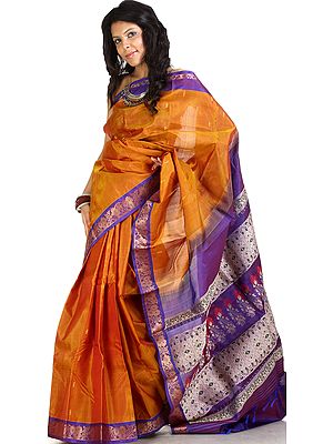 Caramel Kanjivaram Sari with Floral Woven Border and Anchal