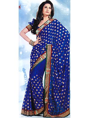 Classic-Blue Sari with Printed Golden Circles and Patch Border