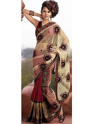 Hemp and Crimson Sari with Embroidery, Sequins, Beads and Gota Border
