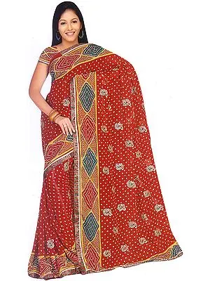 Maroon Sari with Bandhani Print and Embroidered Paisleys