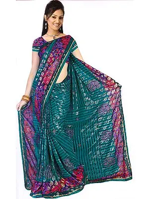 Sea-Green Sari with Woven and Embroidered Paisleys