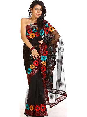 Black Wedding Sari with Multi-color Crewel Embroidered Flowers