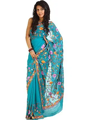 Cerulean-Blue Kashmiri Sari with Aari Embroidered Flowers