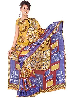 Tri-Color Sari with Modern Print and Mokaish Work