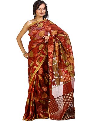 Rust Banarasi Sari with Large Woven Pipal Leaves Paisleys All-Over