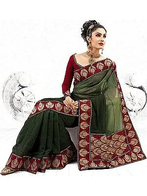 Trekking-Green Wedding Sari with Wide Embroidered Patch Border