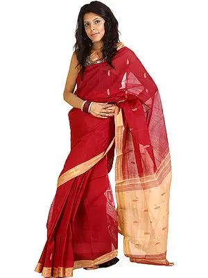 Maroon and Beige Bengal Cotton Sari