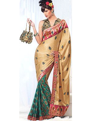 Fawn and Green Patli Designer Sari with Patch Border and Flowers Woven in Self