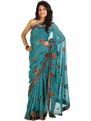 Teal Mokaish Shimmer Sari with Copper Colored Sequins
