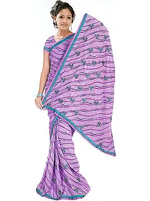 Lilac Bandhani Printed Sari with Floral Embroidery