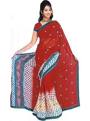 Red and White Polka Dotted Printed Sari with Peacocks in Patchwork