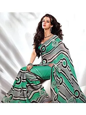 Green and Gray Printed Designer Sari with Patch Border
