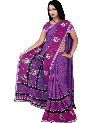Purple Printed Sari with Floral Embroidery and Gota Border
