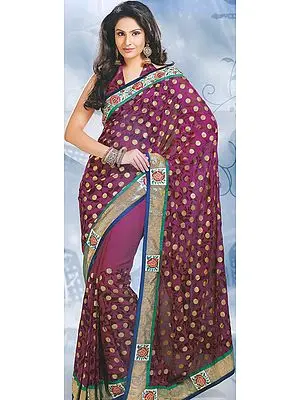 Purple Printed Sari with Golden Bootis and Patch Border