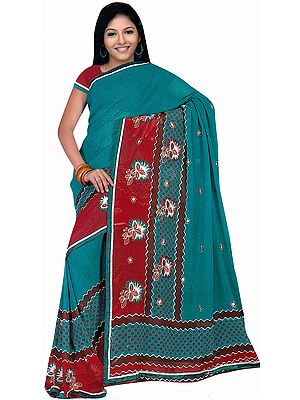 Green and Red Printed Sari with Floral Embroidery and Gota Border