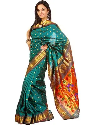 A Gadwal-Woven Pure Silk Sari in Paithani Style, Pallu with Peacock Motifs