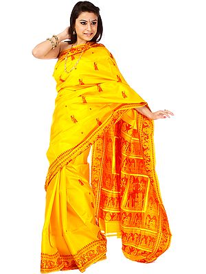 Golden-Yellow Baluchari Sari with Woven Radha and Krishna