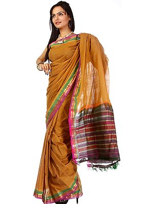 Ochre Handwoven Gadwal Sari with Zari and Striped Anchal