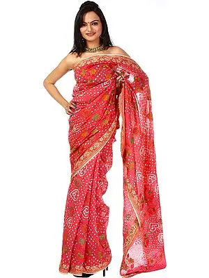 Hot-Pink Bandhani Tie-Dye Sari with Aari Embrodiery and Floral Border