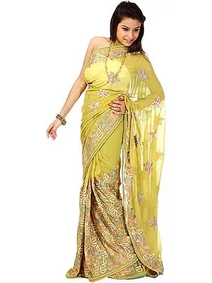 Olive-Green Sari with Crewel Embroidered Flowers All-Over