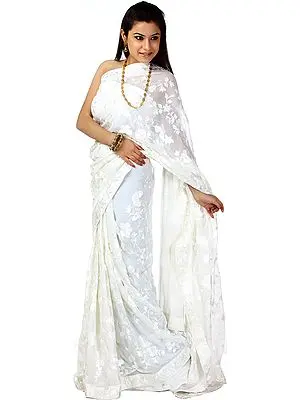 Ivory Wedding Sari with Aari Embroidered Flowers All-Over