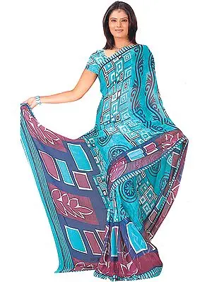 Cyan Printed Sari with Mokaish Work