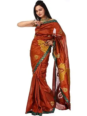 Rust-Brown Banarasi Sari with Aari Embroidery and Patch Border