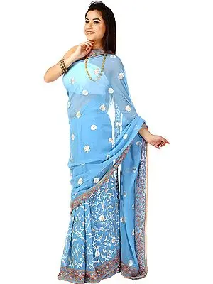 Sky-Blue Sari with Crewel Embroidered Flowers All-Over