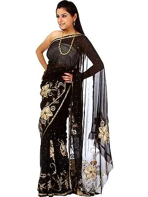 Black Wedding Sari with Sequins and Floral Embroidery by Hand