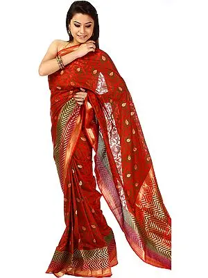 Red Bridal Jamdani Sari from Banaras with Hand-woven Flowers and Zari Pallu