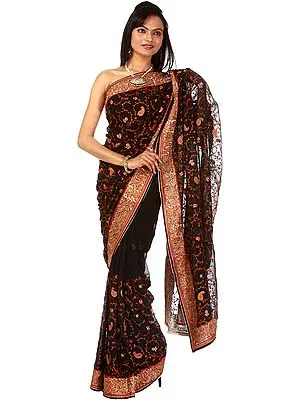Black Evening-wear Sari with Needle Embroidered Paisleys