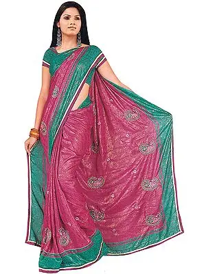 Sangria-Pink Printed Shimmering Sari with Crewel Embroidered Paisleys