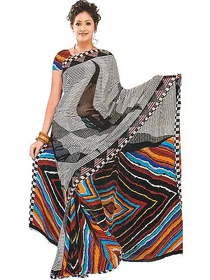 Gray Printed Sari with Mokaish Work